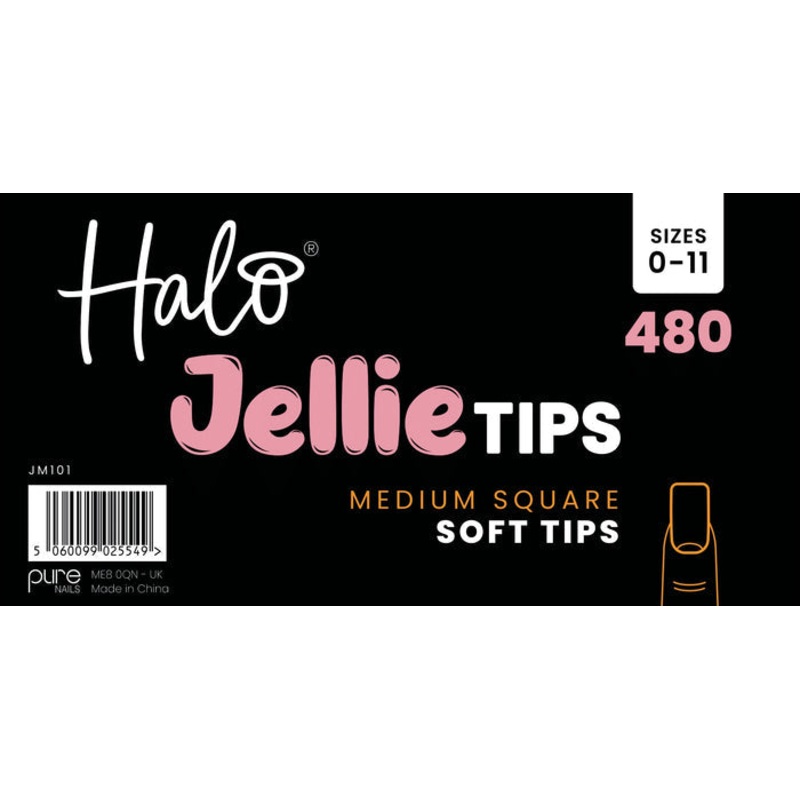 Halo Jellie Nail Tips Medium Square, Sizes 0-11, 480 Mixed Sizes