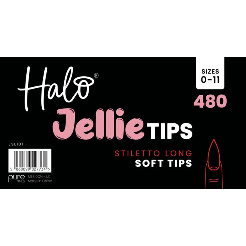 Halo Jellie Nail Tips Stiletto Long, Sizes 0-11, 480 Mixed Sizes