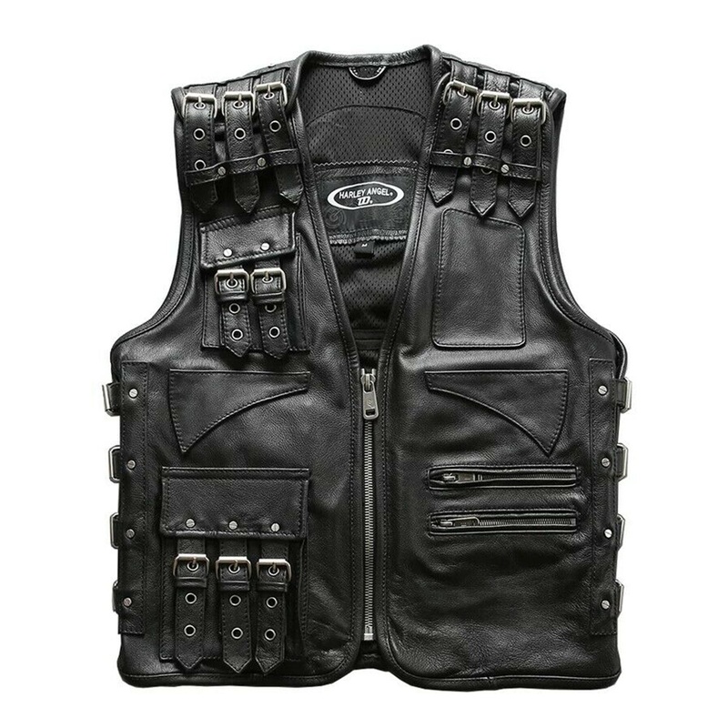 Elite Mens Cargo Style Biker Cowhide Leather Vest Jacket