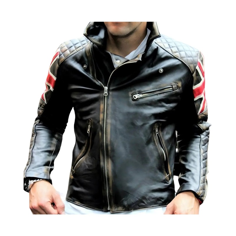 Elite Mens UK Flag Vintage Motorcycle Cafe Racer Retro Distressed Jacket