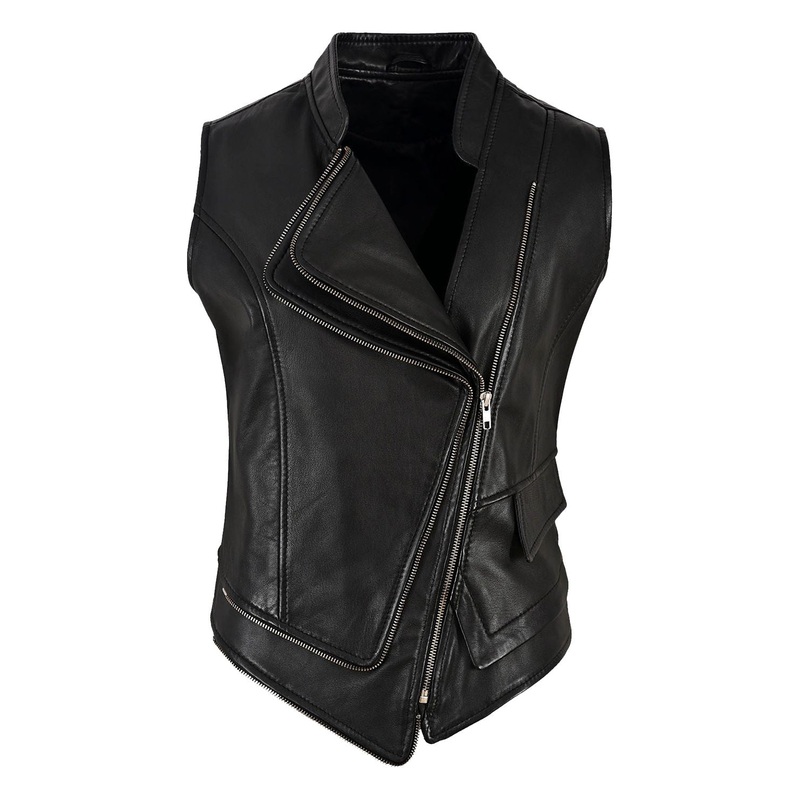 Elite Women’s Black Punk Biker Real Sheepskin Leather Vest