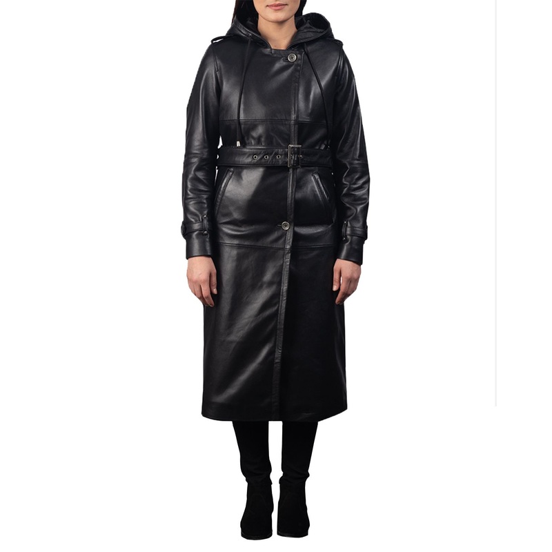 Elite Women’s Hooded Real Leather Long Trench Coat
