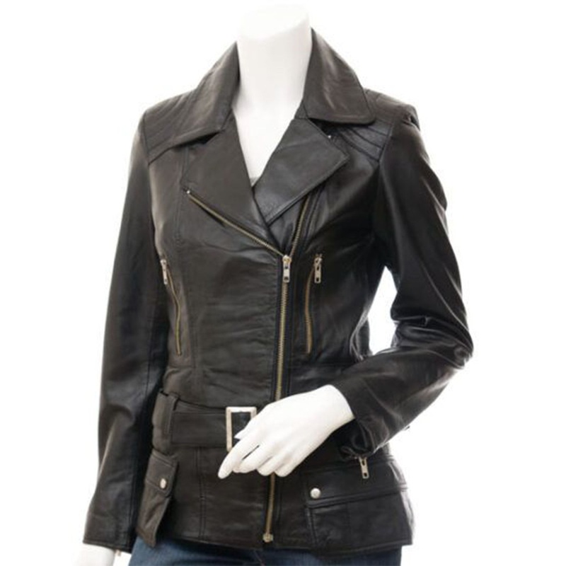 Elite Women’s Long Black Biker Real Sheepskin Leather Jacket