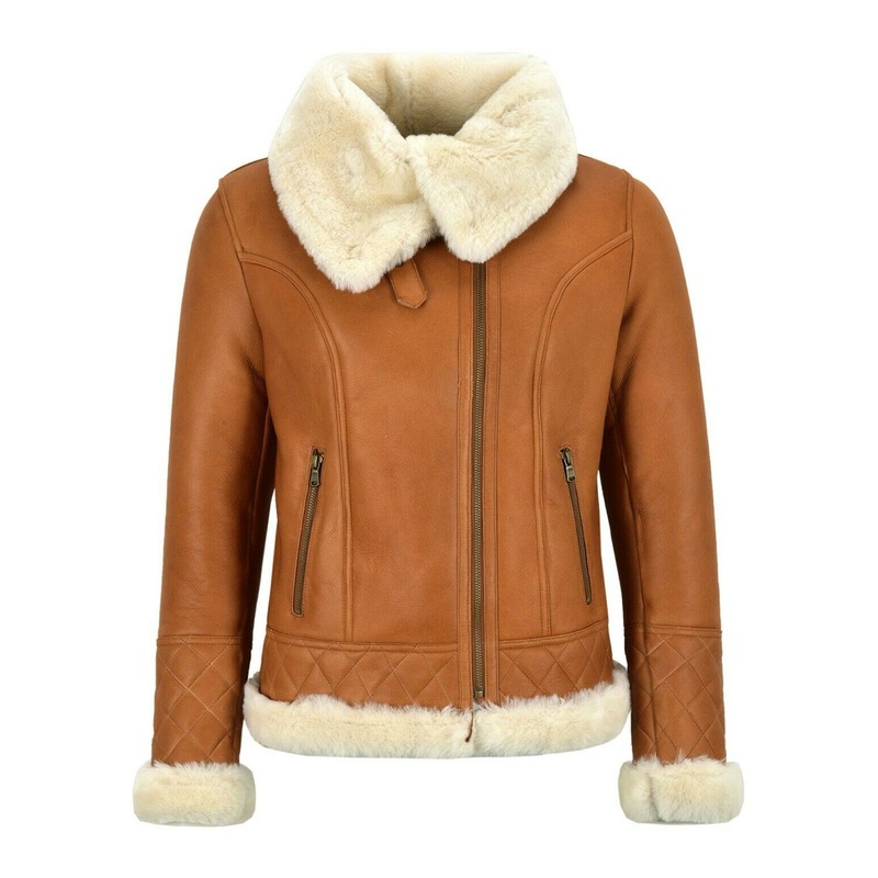 Elite Women’s Tan Brown Bomber Real Sheepskin Leather Jacket