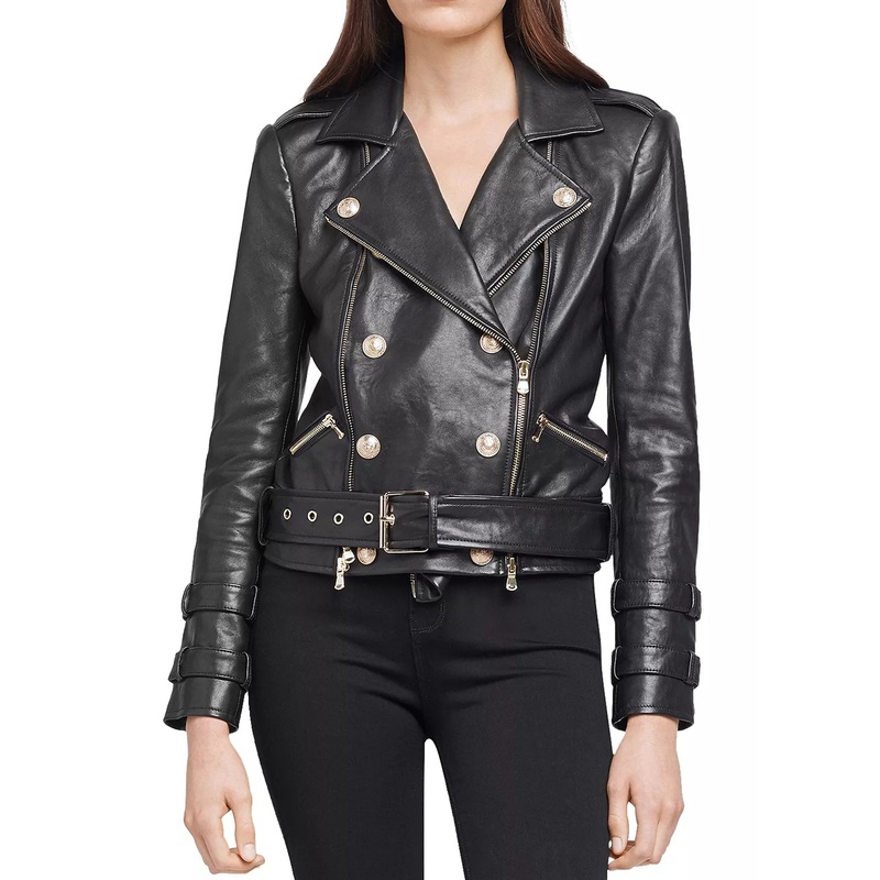 Womens Black Double Breasted Biker Leather Jacket