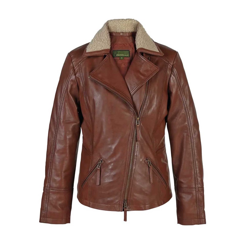 Elite Hana Womens Rust Leather Flying Jacket With Faux Fur Collar