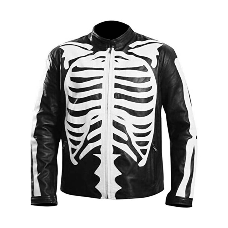 Elite Mens Motorcycle Biker Skeleton Bones Leather Jacket Black/Blue