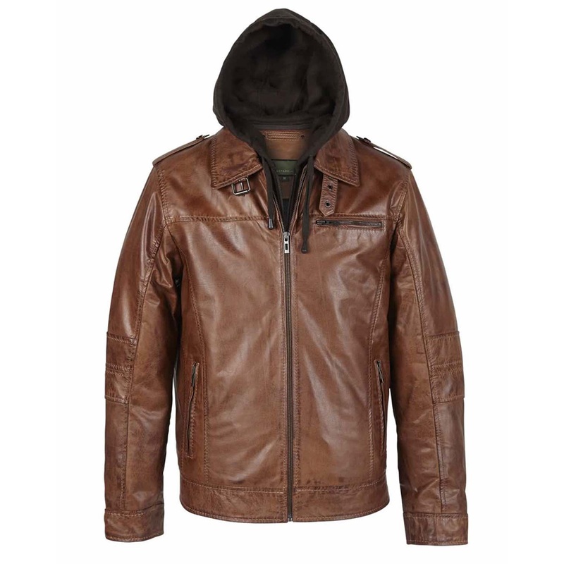 Elite Mens Rust Hooded Brown Leather Jacket