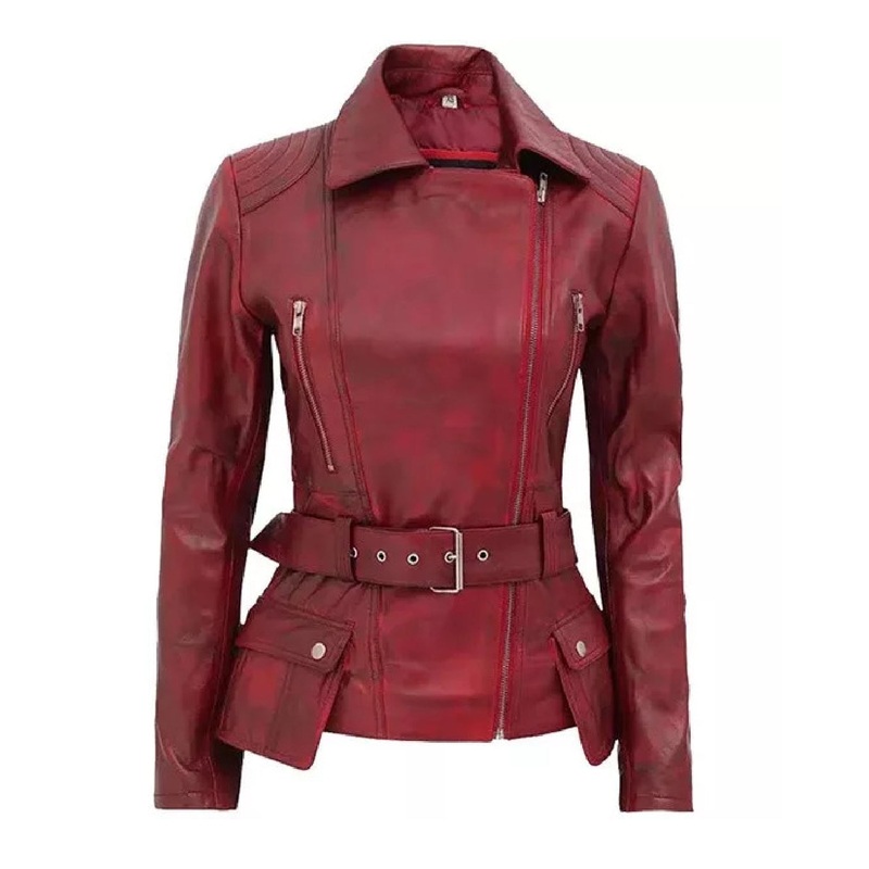Elite Womens Maroon Belted Moto Leather Jacket