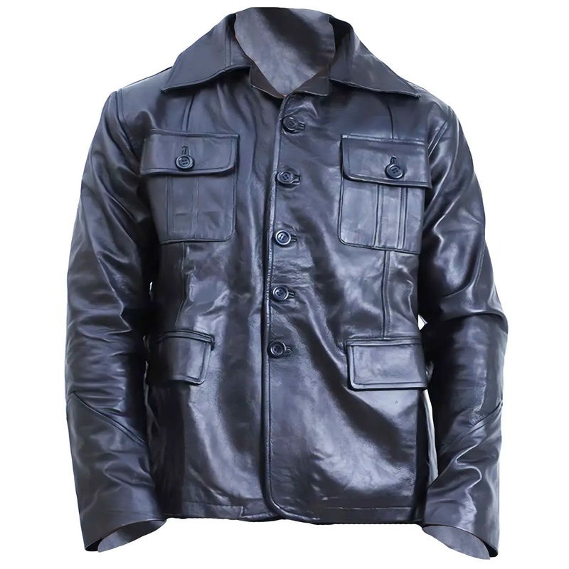 Elite Men’s 5 Button Black Leather Coat