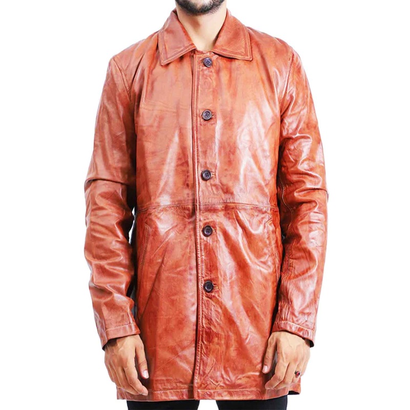 Elite Men’s 5 Button Brown Leather Coat