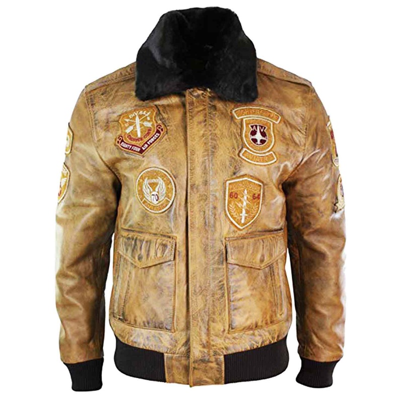 Elite Mens Aviator Tan Bomber Jacket With Patches