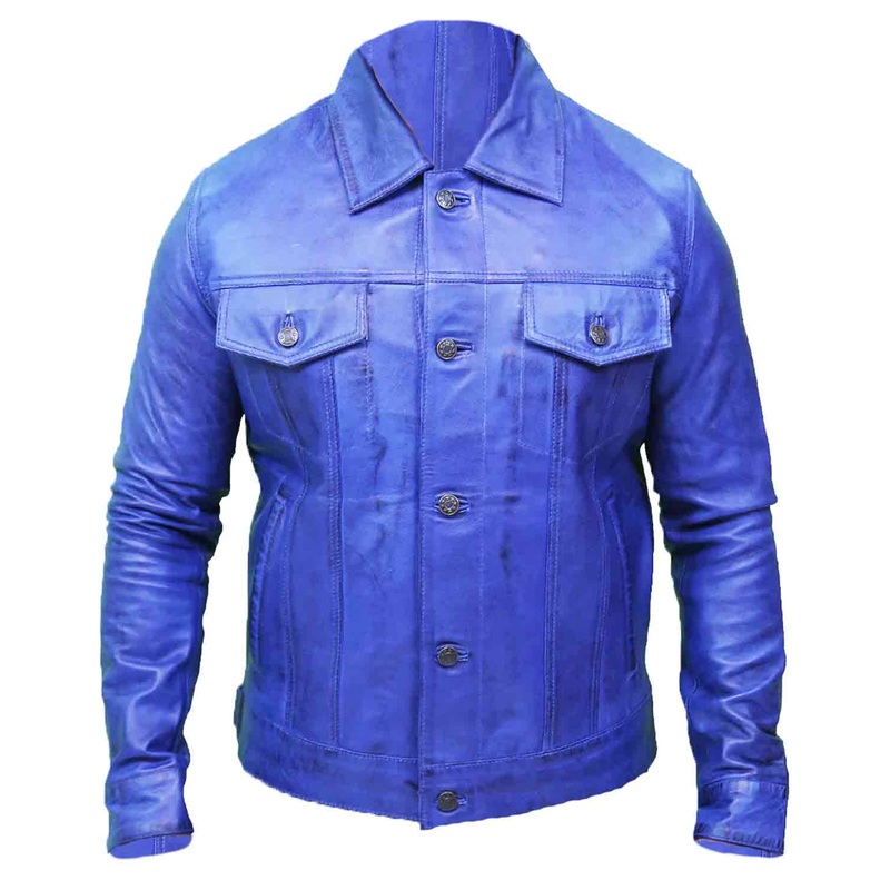 Elite Vintage Men’s Blue Real Leather Trucker Jacket