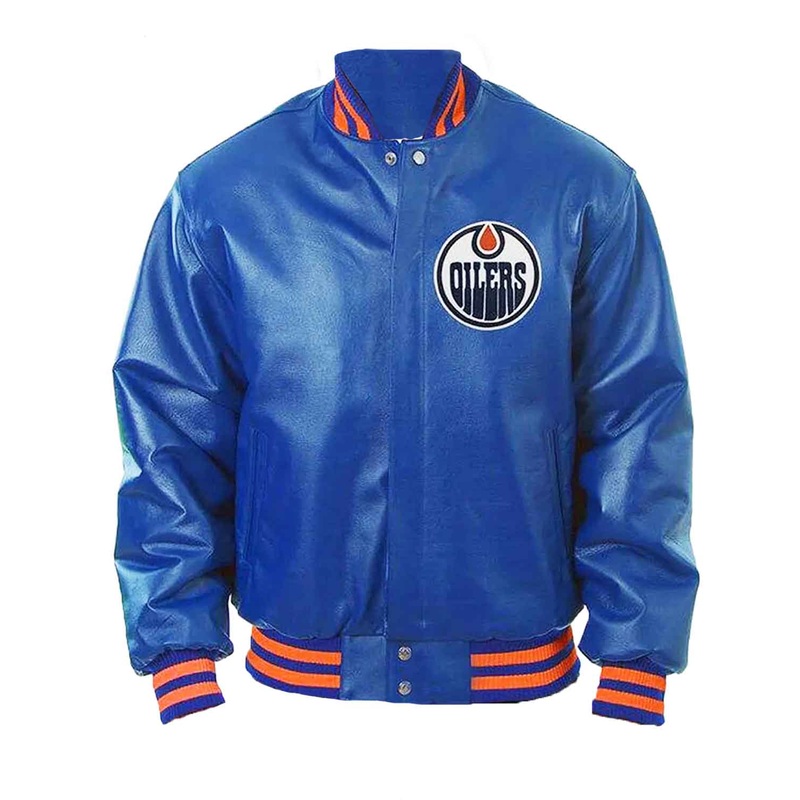 Elite Edmonton Oilers Royal Blue Bomber Leather Jacket