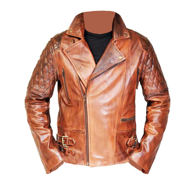 Elite Mens Biker Vintage Rustic Quilted Brown Leather Jacket