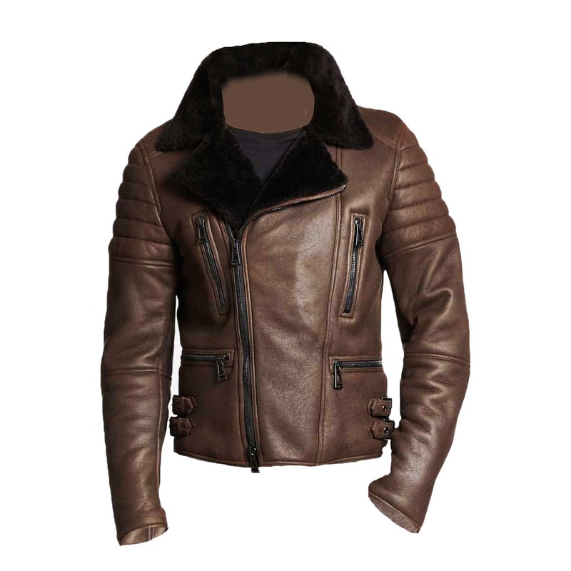 Elite Mens Brown Shearling Classic Biker Leather Jacket