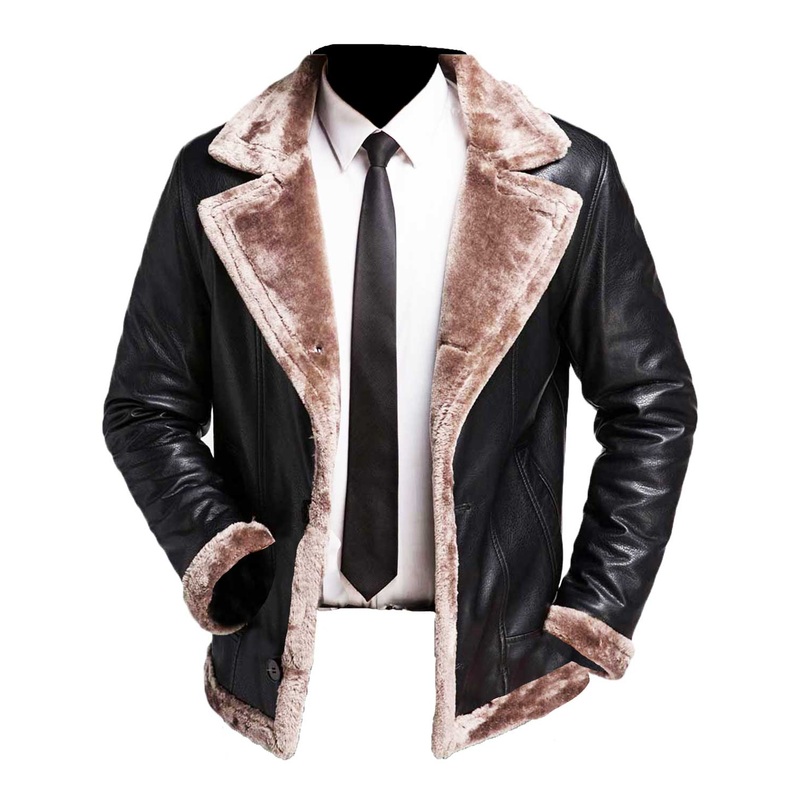 Elite Mens Winter Faux Fur Shearling Black Leather Jacket