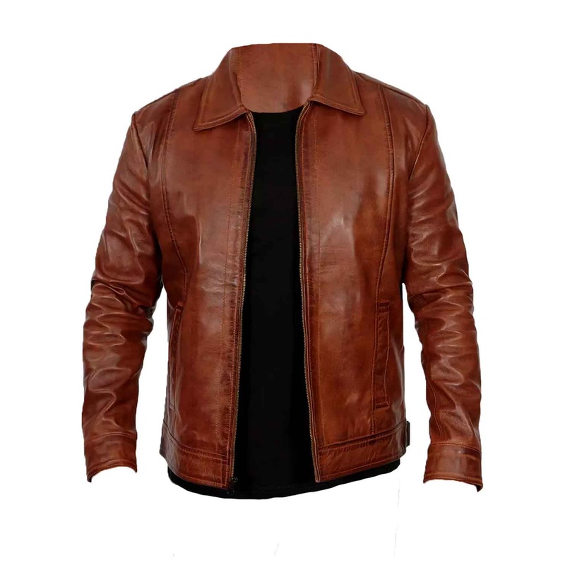 Elite Mens Shirt Collar Brown Racer Leather Jacket