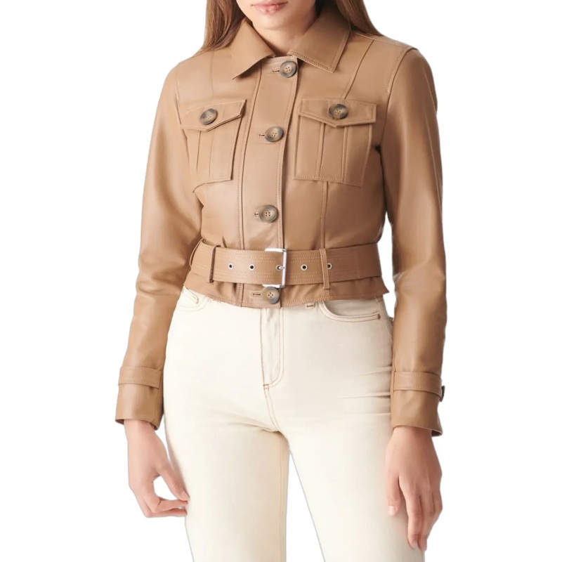 Womens Authentic TAN  Biker Leather Jacket