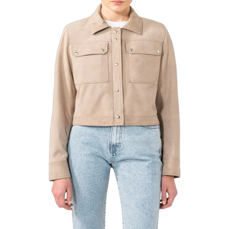 Womens Beige Denim Style Suede Leather Jacket