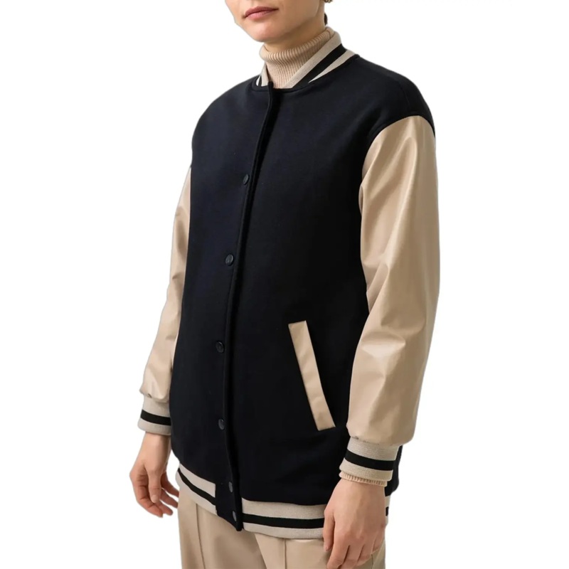 Womens Black and Beige Varsity Jacket