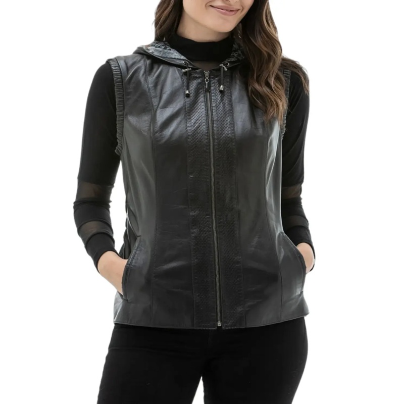 Womens Black Fashionable Hooded Leather Vest