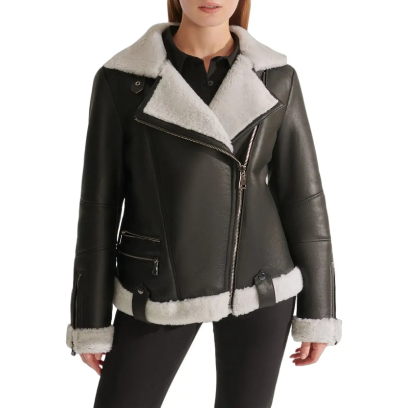 Womens Black Sport Shearling Leather Jacket