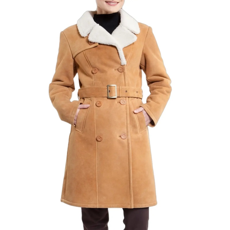 Womens Bright Tan Shearling Leather Coat