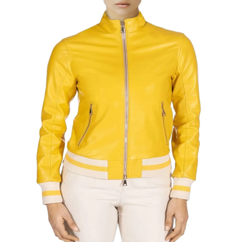 Womens Bright Yellow Bomber Leather Jacket