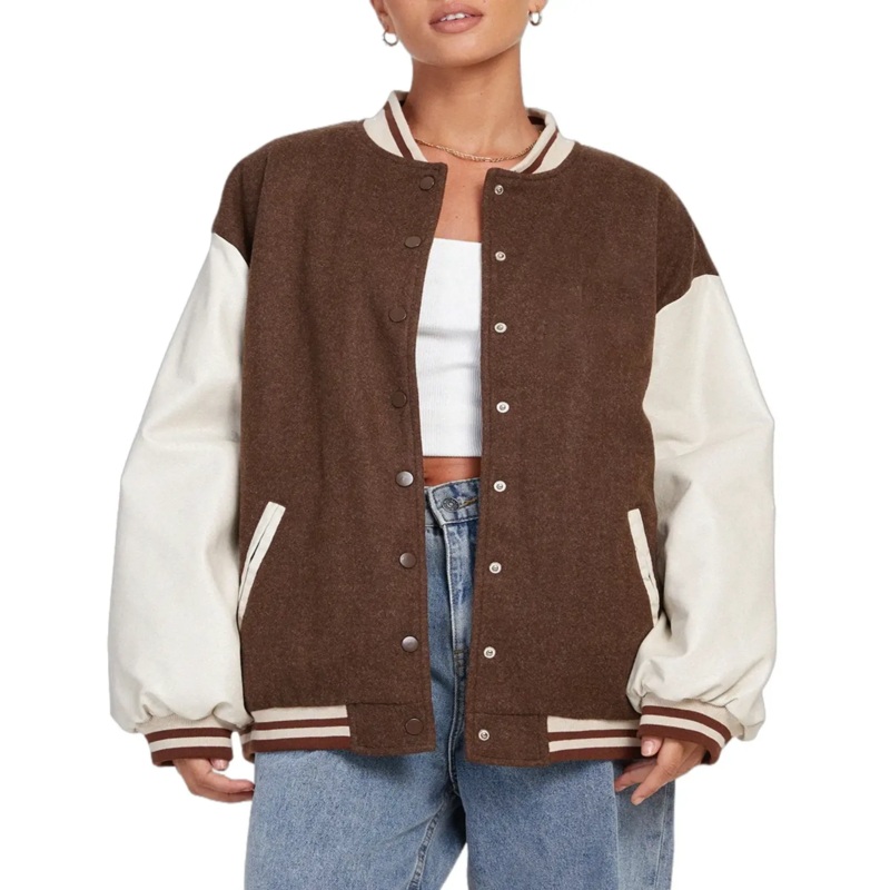 Womens Brown and White Oversized Varsity Jacket