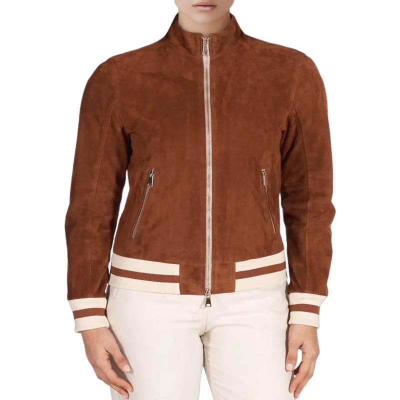 Womens Brown Bomber Suede Leather Jacket