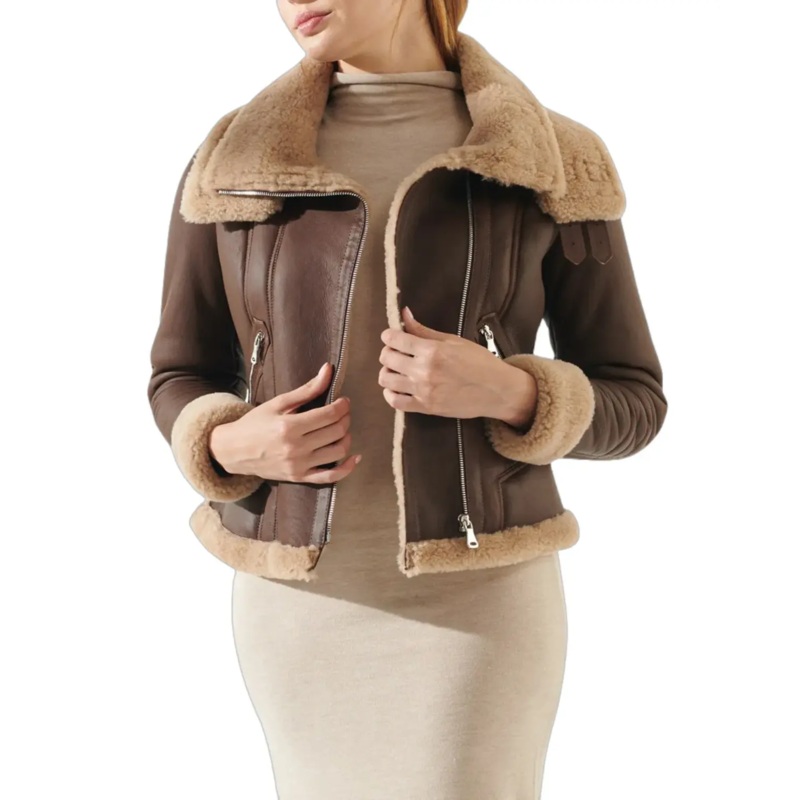 Womens Brown Double Collar Shearling Leather Jacket