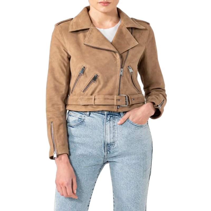 Womens Camel Suede Biker Leather Jacket