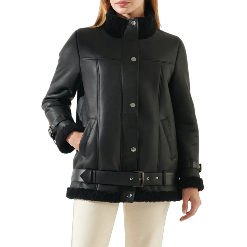 Womens Casual Black Oversized Shearling Leather Jacket