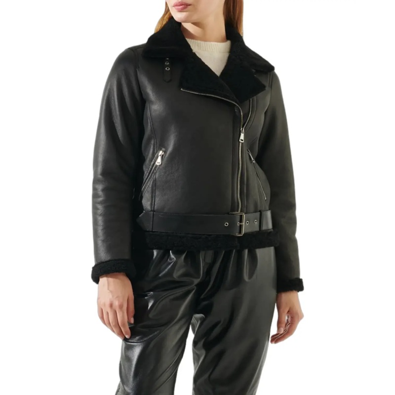 Womens Casual Black Shearling Leather Jacket