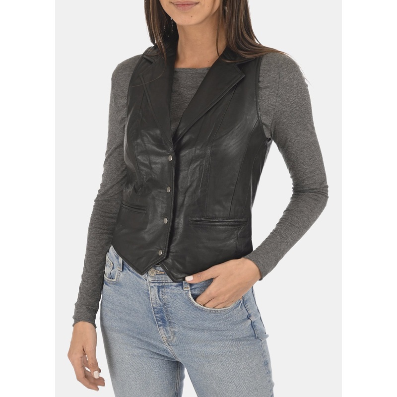 Womens Charcoal Black Leather Vest