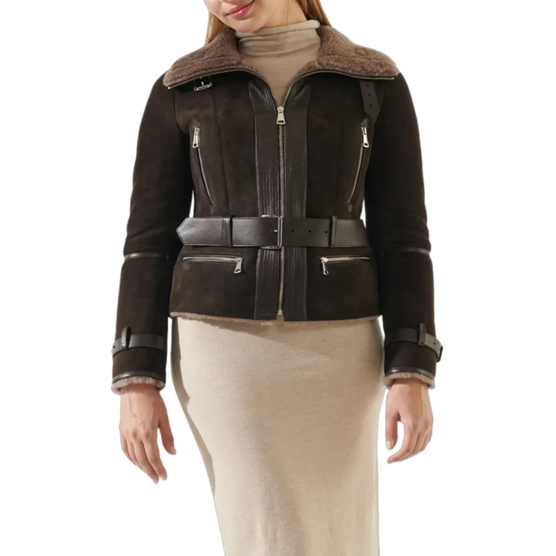 Womens Choco Brown Shearling Leather Jacket