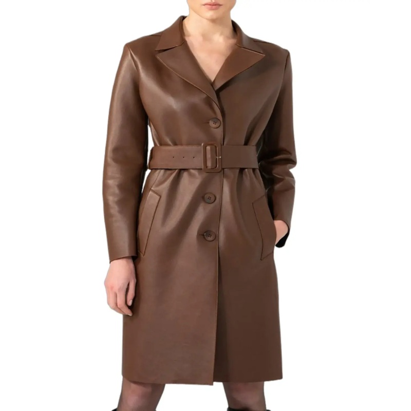 Womens Choco Brown Trench Leather Coat