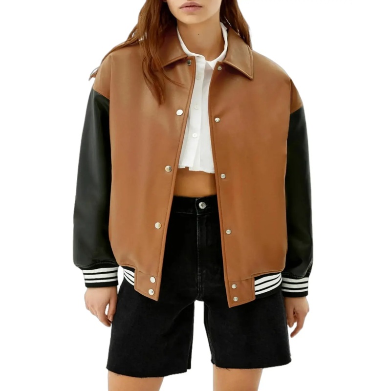 Womens Chocolate Brown Varsity Leather Jacket