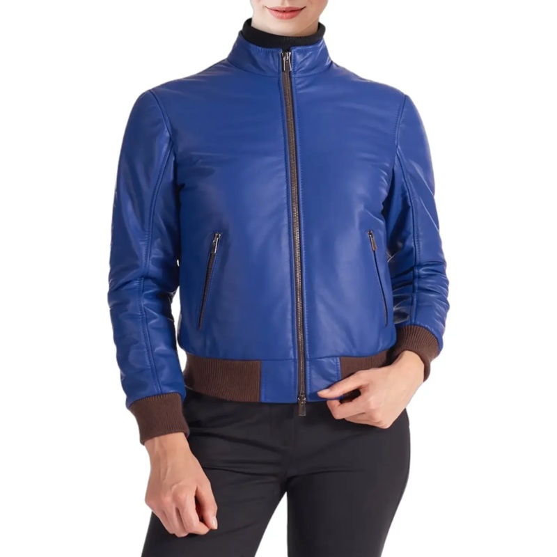 Womens Classic Blue Leather Bomber Jacket