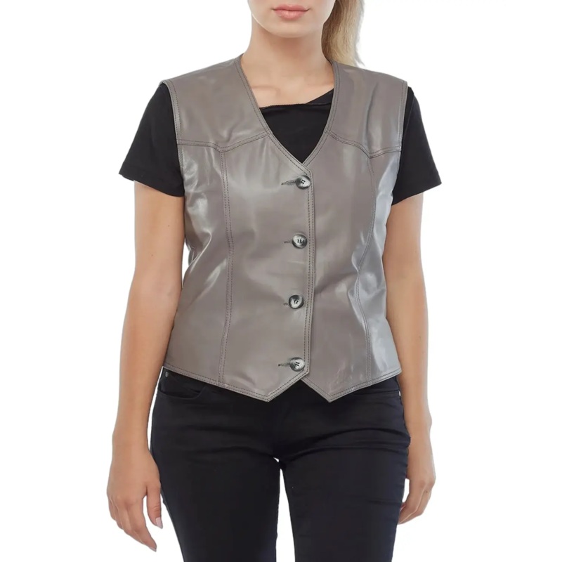 Womens Solid Grey Biker Leather Vest