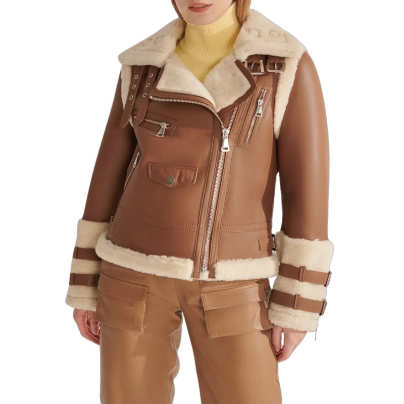 Womens Sports Brown Shearling Leather Jacket