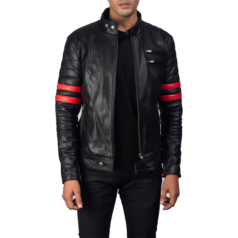 Elite Men’s Black Biker With Red Stripes Real Leather Jacket