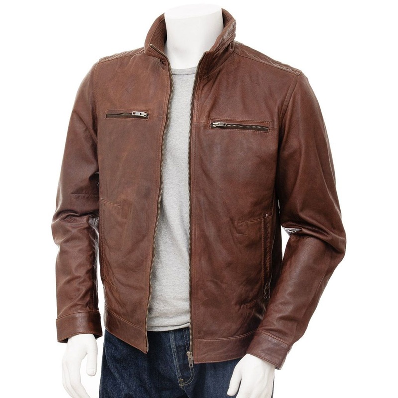 Elite Men’s Brown High Funnel Neck Collar Biker Real Leather Jacket