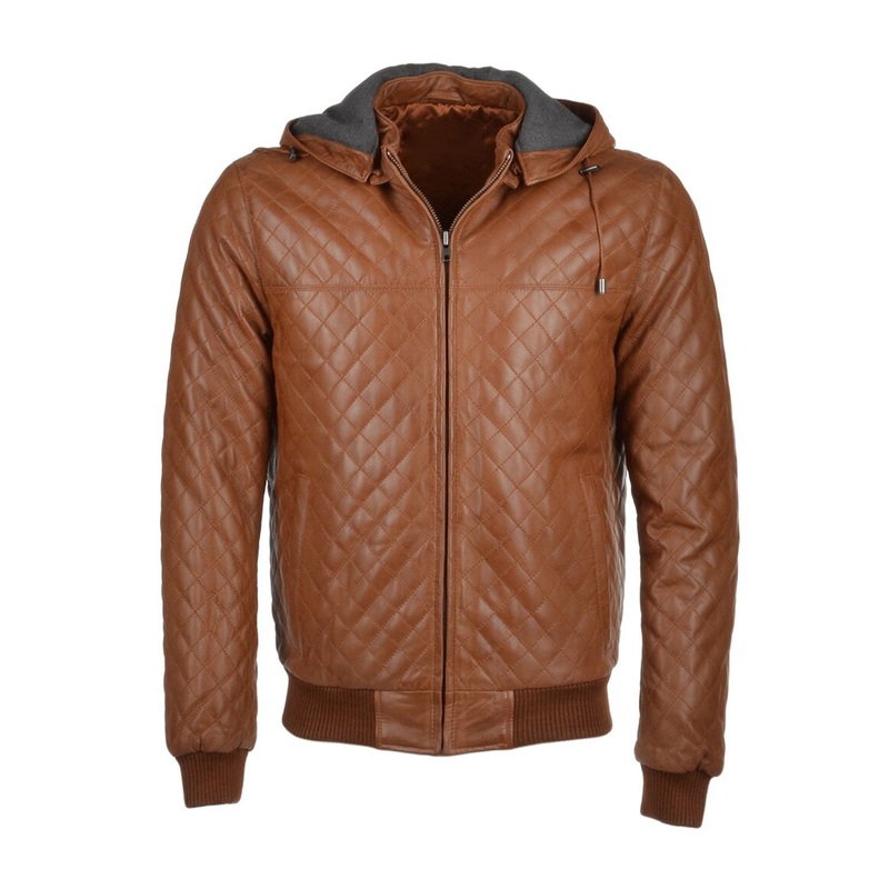 Elite Men’s Quilted Detachable Hooded Bomber Real Leather Jacket