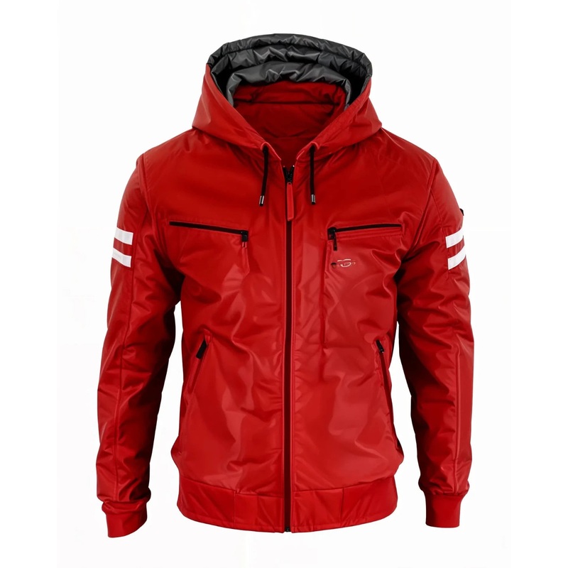 Elite Mens Biker Red Leather Bomber Hooded Jacket
