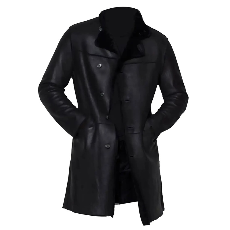 Elite Mens Casual Button Closure Black Shearling Coat