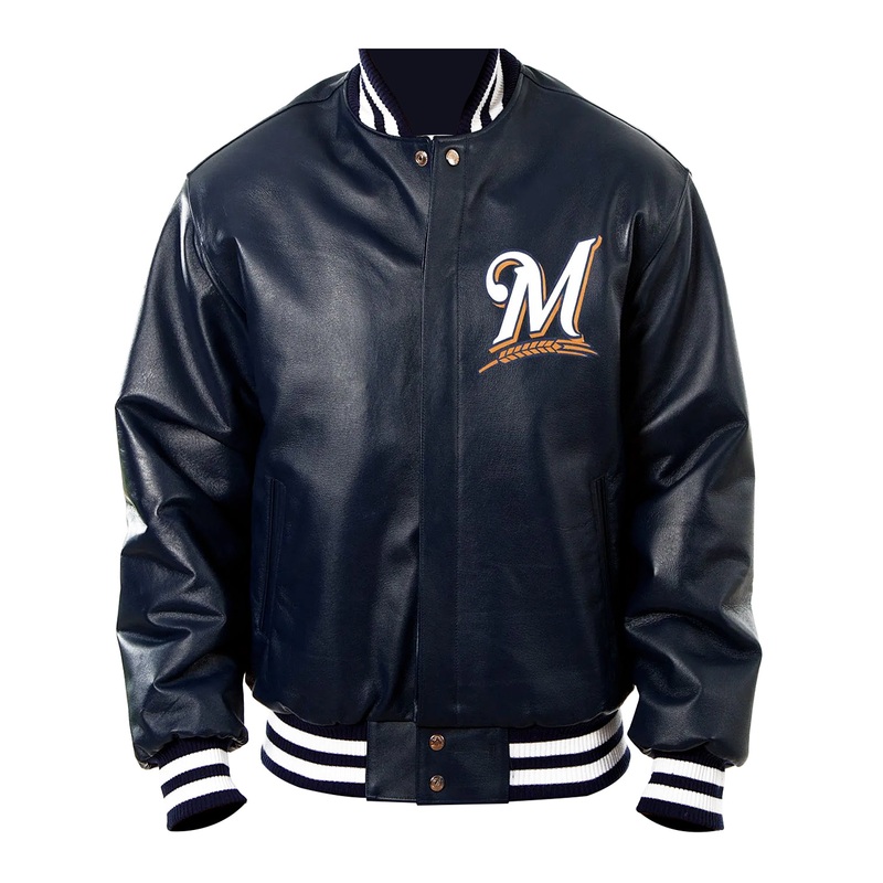 Elite Milwaukee Brewers Letterman Navy Blue Leather Jacket
