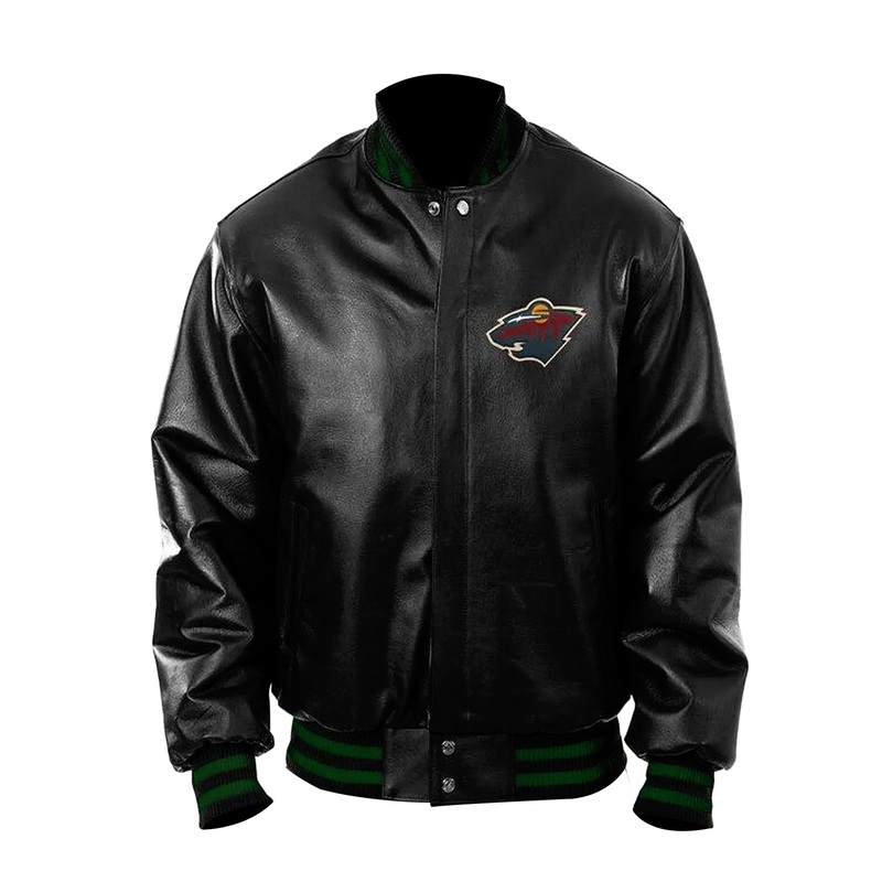 Elite Minnesota Wild Bomber Black Leather Jacket
