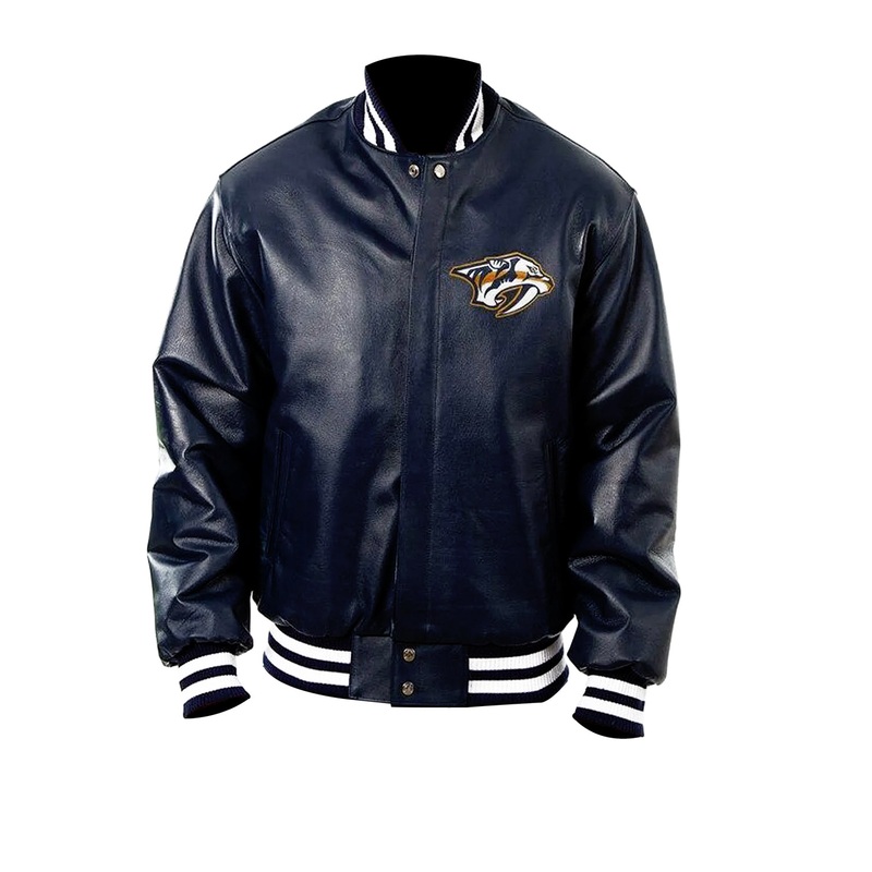 Elite Nashville Predators Navy Blue Leather Bomber Jacket
